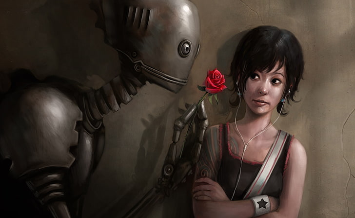 robot, fantasy art, artwork, rose, science fiction, portrait