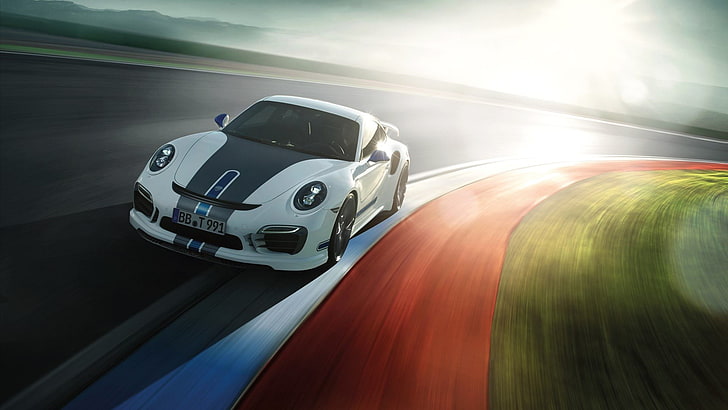 white and black coupe, car, vehicle, Porsche 911 Turbo, speed, HD wallpaper