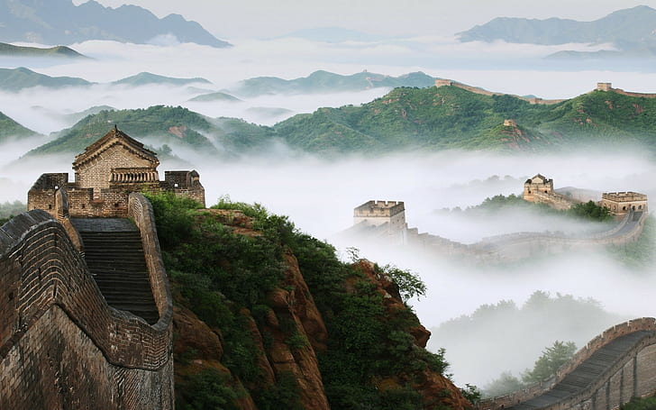 nature landscape trees china great wall of china hill mist rock architecture tower bricks stairs forest, HD wallpaper