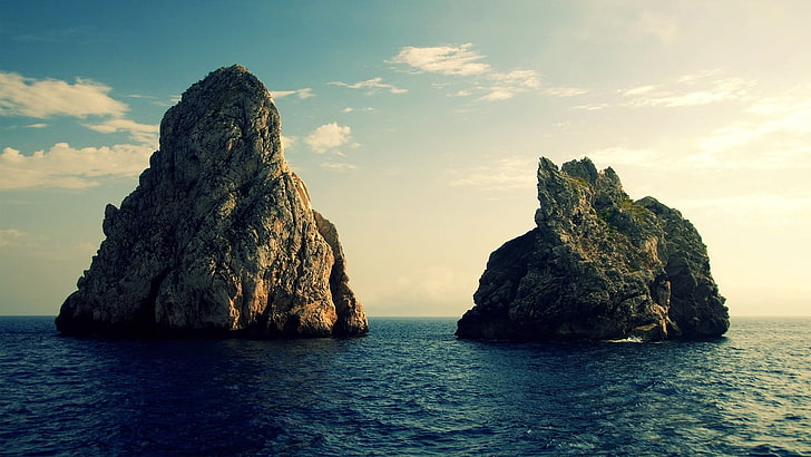 two rock formation in the middle of sea, island, clouds, nature