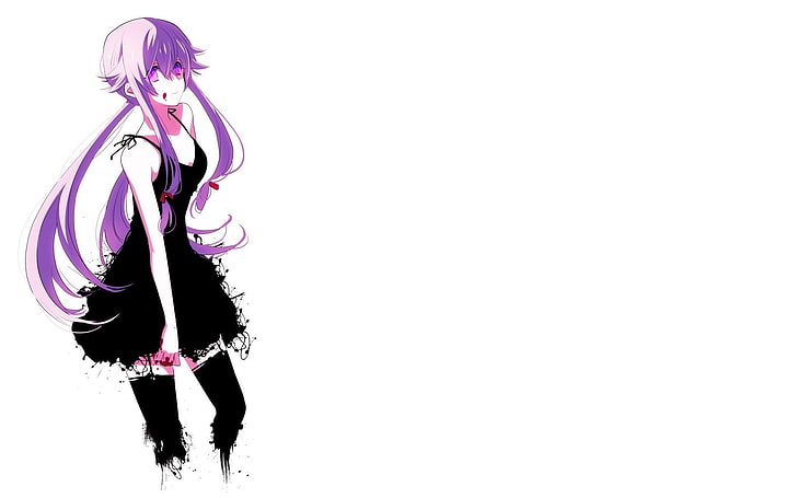 female anime character with purple hair and black scoop-neck cami-strap dress digital wallpaper