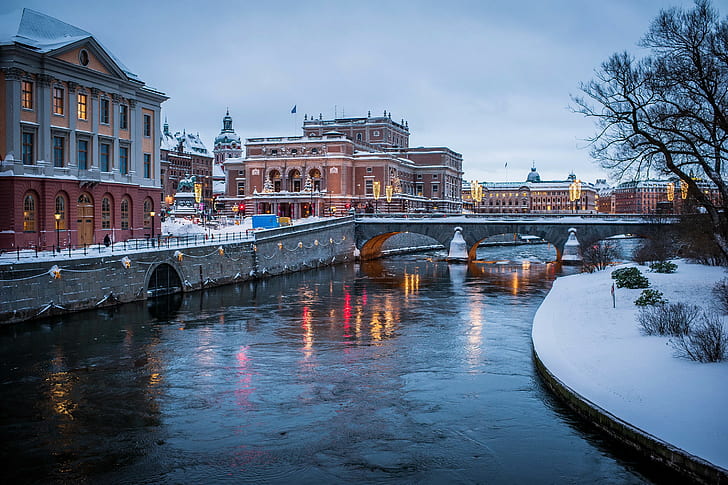 Stockholm winter bridge, Sweden, river, water channel, city, photo, HD wallpaper