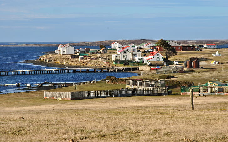 Falkland Islands, houses, pier, sea, UK, house buildings, HD wallpaper