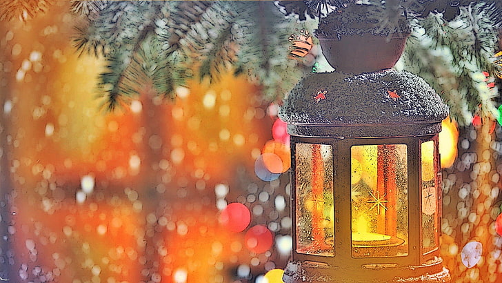 shallow photo of black lantern, lights, atmosphere, Christmas, HD wallpaper