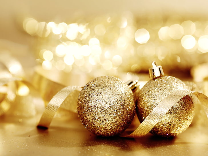 two gold baubles, holiday, Christmas, Christmas ornaments, lights, HD wallpaper