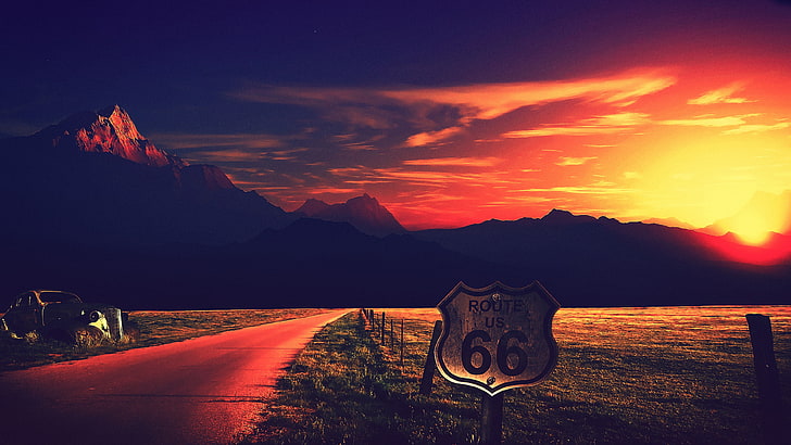Route US 66 signage, road, Route 66, USA, California, desert