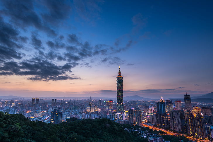 China, Tipei City evening, Taiwan, Taipei, dusk, hills, blue, HD wallpaper