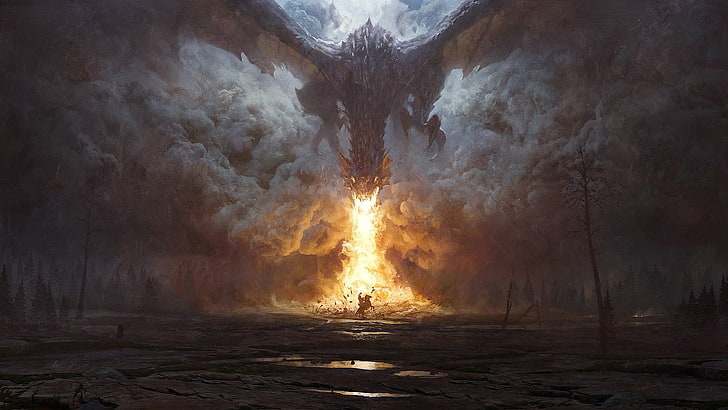 gray dragon, fire, smoke, trees, water, knight, horse, fantasy art