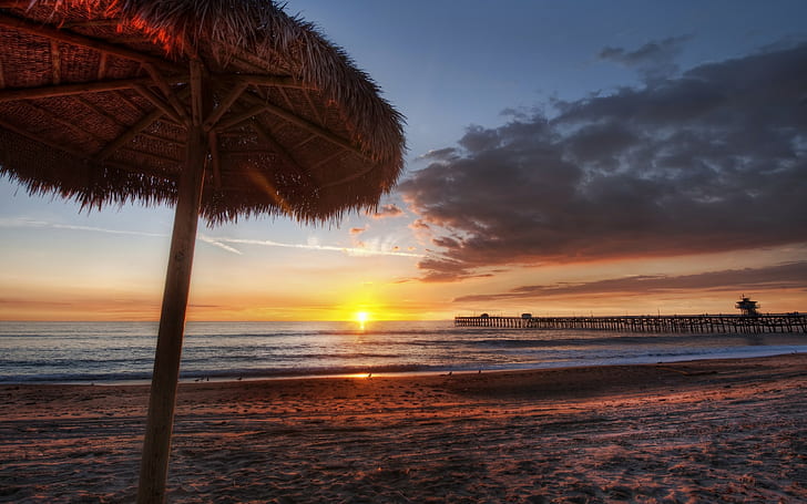 beach, sunset, parasol, sea, pier, sky, HD wallpaper