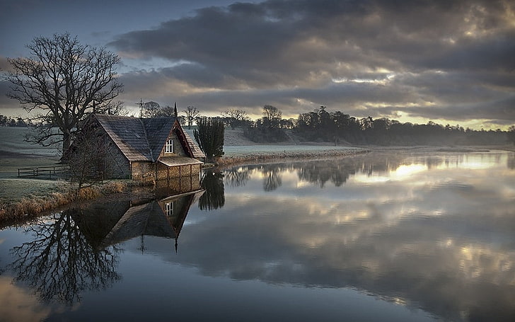 nature, landscape, frost, morning, cottage, clouds, trees, water