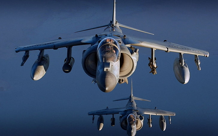 two gray fighter planes, airplane, Harrier, military aircraft