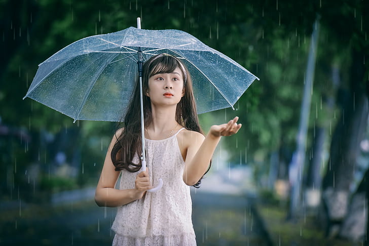 Asian, rain, umbrella, women outdoors, urban, model, brunette