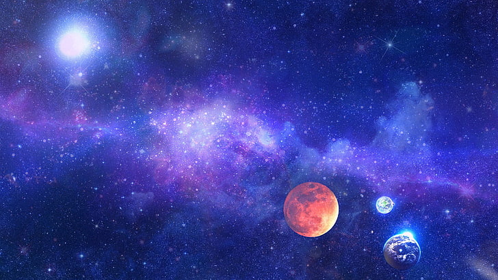 lunar eclipse digital art, universe, space, stars, planet, glowing