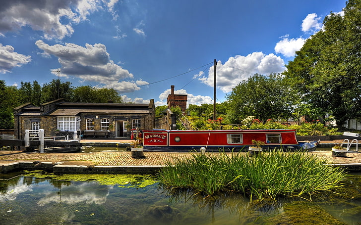cityscape, building, narrowboat, plants, clouds, trees, canal