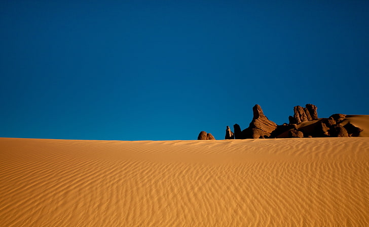 Algerian Desert, brown desert, Nature, sky, blue, rocks, sand, HD wallpaper