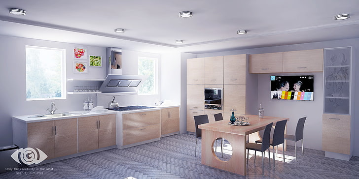 white and gray kitchen cabinet, interior, interior design, modern