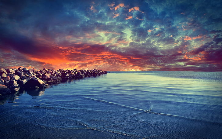 Beach Sunset Rocks Stones Clouds Ocean HD, body of water during sunset illustration, HD wallpaper