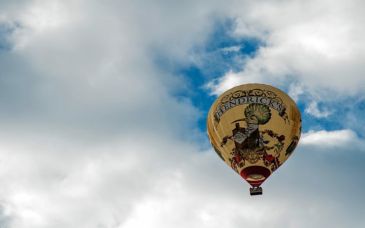 yellow and multicolored hot air balloon, flying, sky, clouds, HD wallpaper