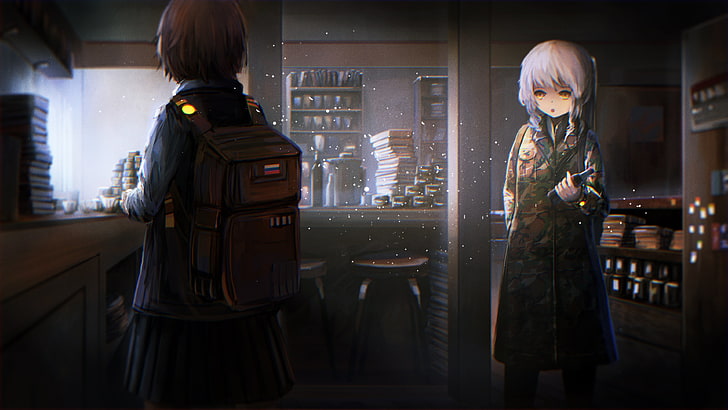anime girls, backpacks, short hair, standing, indoors, two people