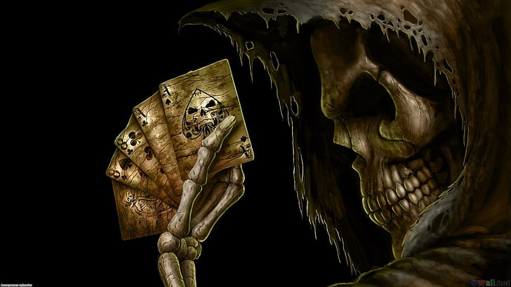 Skeleton Playing Poker, skeleton holding playing cards poster