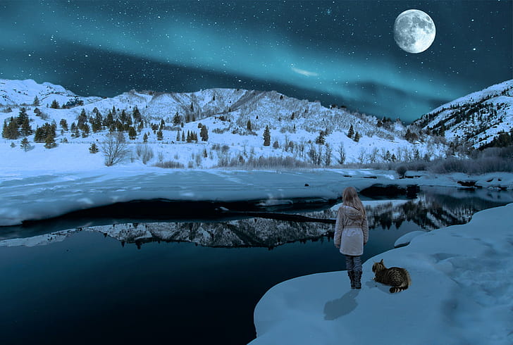 girl with cat on snow field at golden hour, nightscape, nightfall