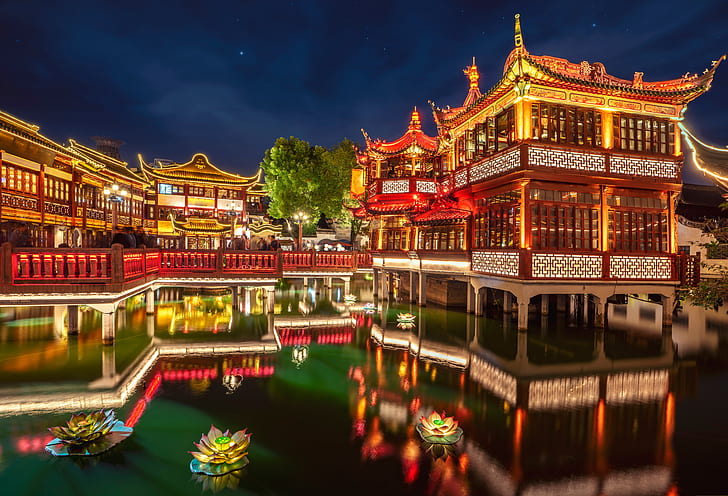 flowers, pond, Park, reflection, China, the building, the evening, HD wallpaper