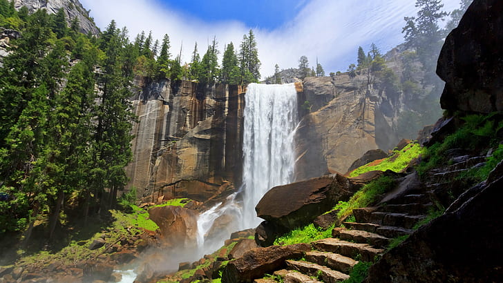 waterfall, vernal fall, body of water, stairs, california, national park