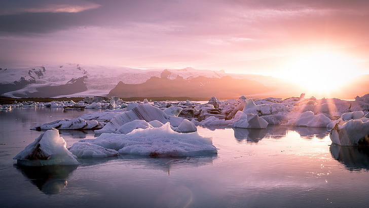 glaciers, lagoon, Iceland, Sun, nature, landscape, Jokulsarlon, HD wallpaper
