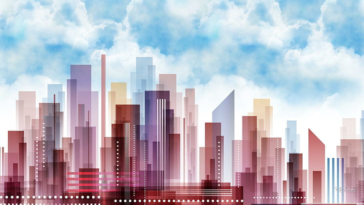 Up Town, pastel, skyscrapers, abstract, light, buildings, city