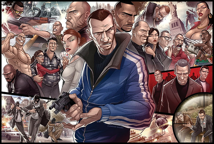 Grand Theft Auto, Niko Bellic, artwork, video games, crowd