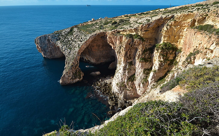 nature, landscape, sea, cliff, rock, horizon, coast, blue, sunlight, HD wallpaper