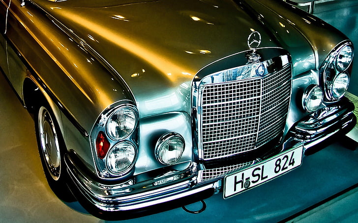silver Mercedes-Benz car, old car, 300 SEL 6.3, vehicle, land vehicle