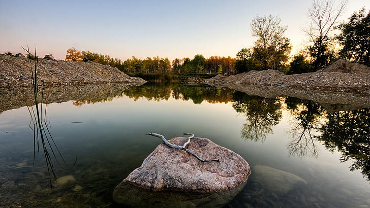 photography, nature, landscape, trees, lake, water, rock, reflection