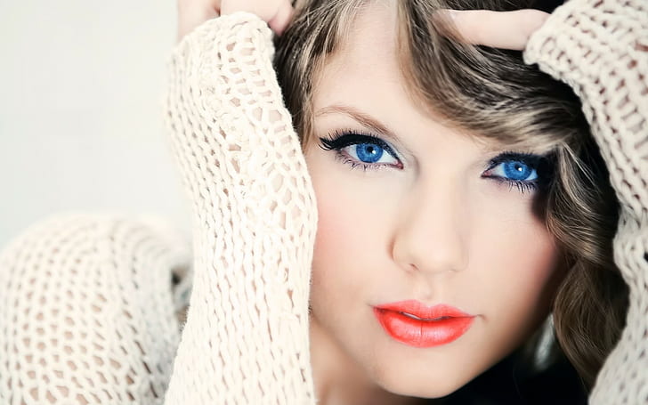 women, sweater, blue eyes, red lipstick, Taylor Swift, singer, HD wallpaper