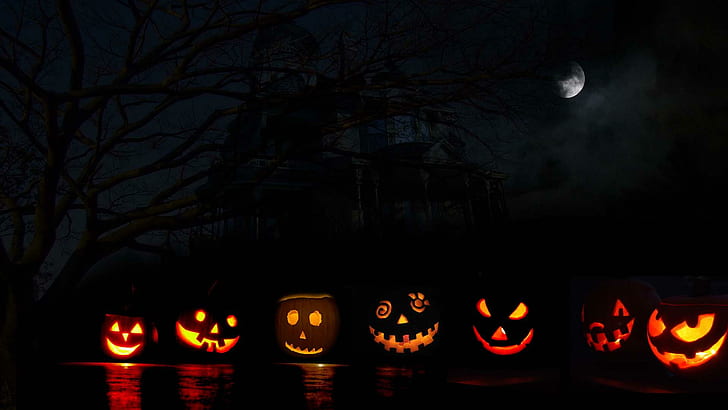Halloween Jacks, pumpkin, jack-o-lantern, moon, haunted, 3d and abstract, HD wallpaper