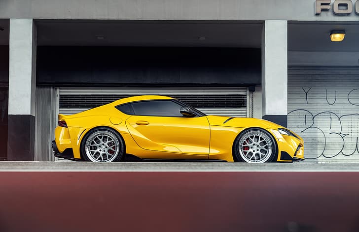 yellow, sports car, side view, Toyota Supra, 2020 Toyota GR Above