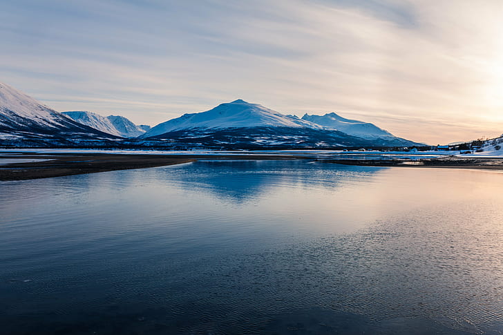 body of water near snowy mountain, norway, norway, Troms, Norwegen, HD wallpaper