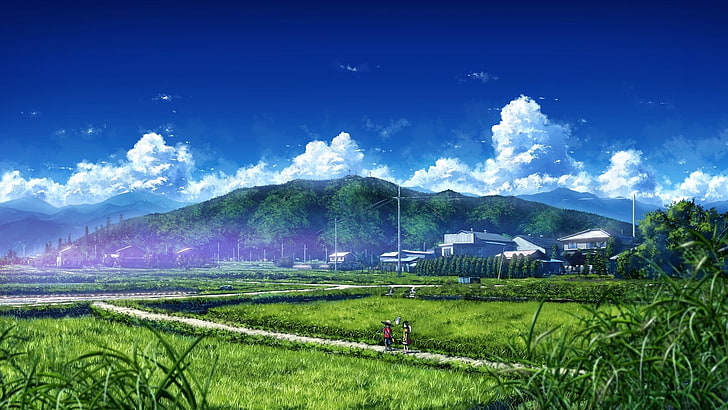 grass field, fantasy art, anime, sky, clouds, artwork, landscape