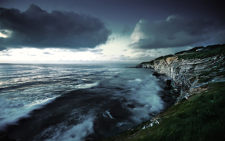 body of water, coast, gloomy, darkness, cloudy, sea, nature, coastline, HD wallpaper