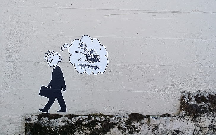 Calvin and Hobbes Thought Banksy Graffiti HD, digital/artwork, HD wallpaper