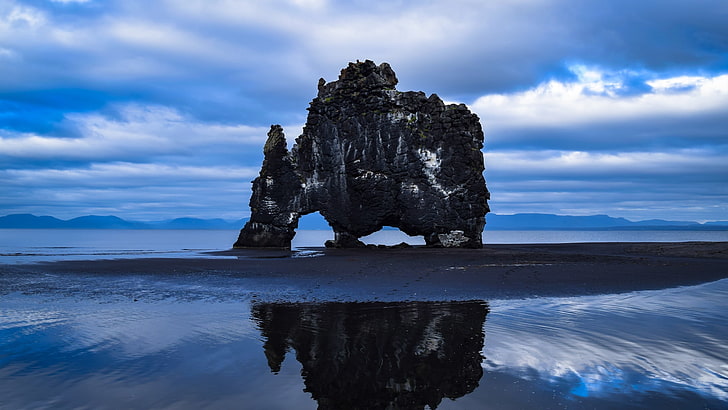 rock, sea, coast, Iceland, Hvítserkur, water, sky, nature