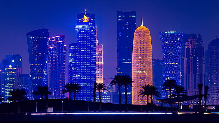qatar, silhouette, palms, sky, asia, downtown, tower, night, HD wallpaper