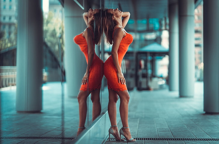 women, tanned, orange dress, glass, reflection, high heels