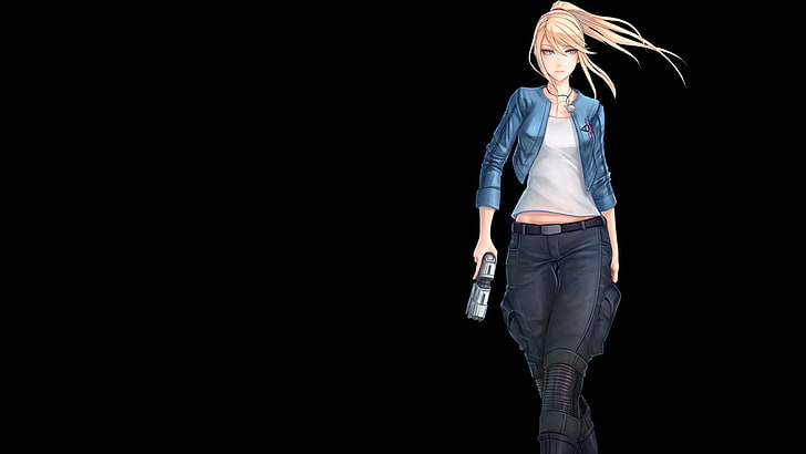 woman holding handgun anime character, Samus Aran, Metroid, black background