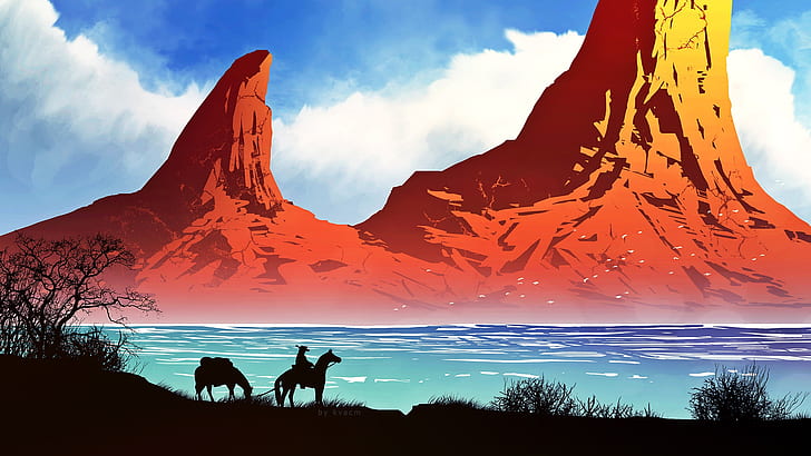 mountains, nature, river, horse, cowboy, by kvacm, HD wallpaper