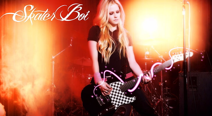 Avril Lavigne Skater Boy, black and white electric guitar, Music