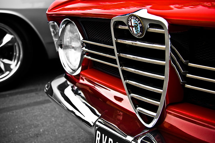 chrome Alfa Romeo front grille, macro, red, logo, transportation