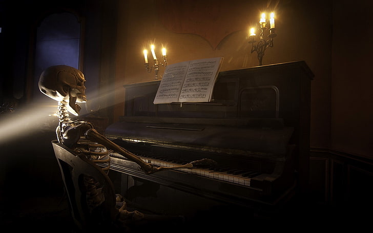 skull playing piano illustration, digital art, skeleton, death