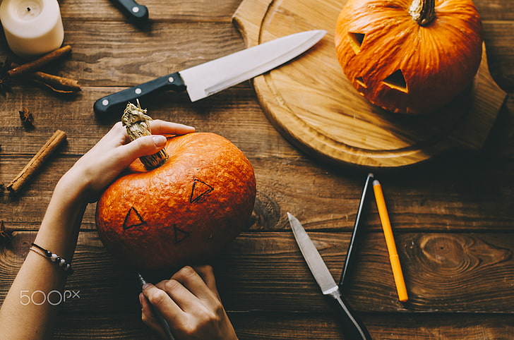 500px, Valery Bond, Halloween, pumpkin, knives, food, food and drink