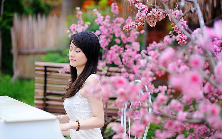 Asian girl, play piano, garden flowers
